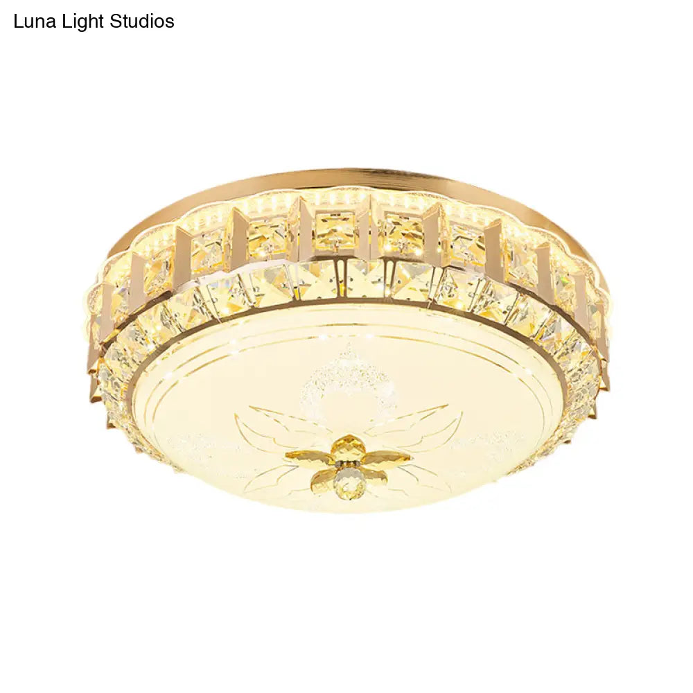 Gold Led Crystal Block Flushmount: Contemporary Drum Living Room Lighting
