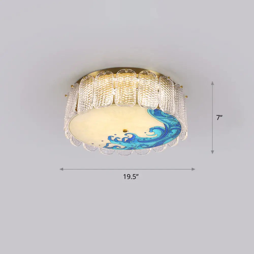 Gold Led Crystal Flush Ceiling Light: Hand - Painted Drum Design Modern Bedroom Fixture / Wavy