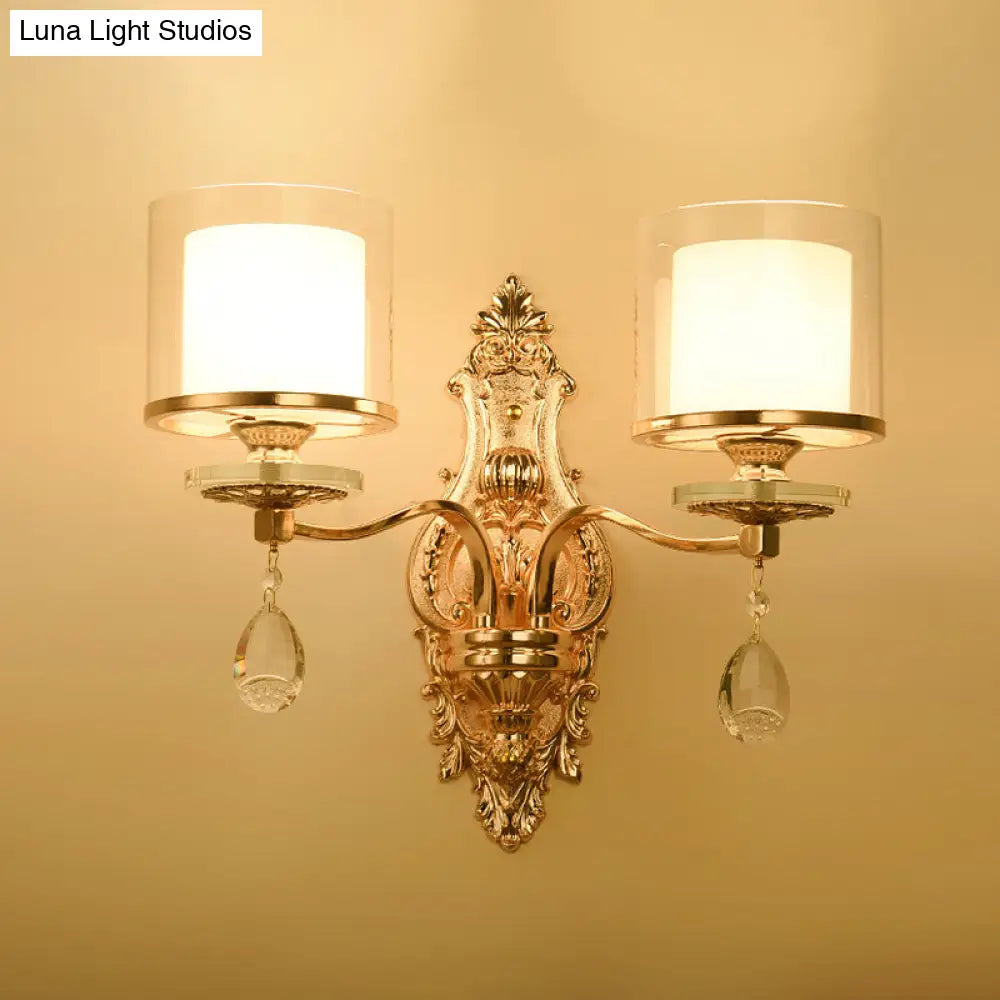 Gold Mid-Century Sconce With Clear & Frosted Glass And Crystal Drop 2 Heads