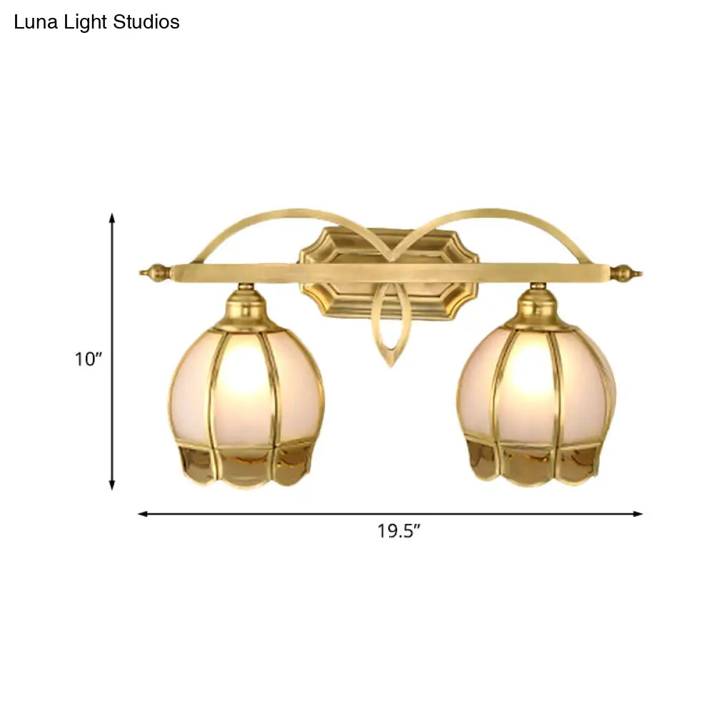 Gold Milk Glass Wall Sconce With Flower Accent 2-Light Vanity Fixture For Luxurious Bathroom