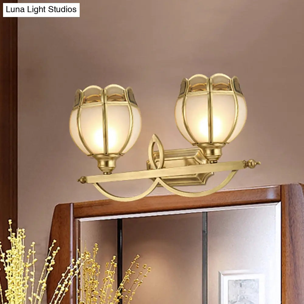 Gold Milk Glass Wall Sconce With Flower Accent 2-Light Vanity Fixture For Luxurious Bathroom