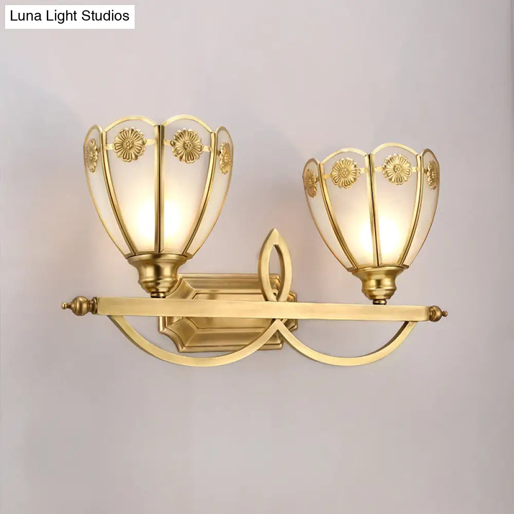 Gold Milk Glass Wall Sconce With Flower Accent 2-Light Vanity Fixture For Luxurious Bathroom