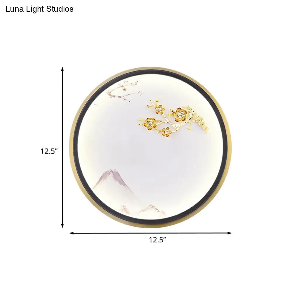 Gold Oriental Led Mural Lamp: Metallic Rounded Plum Blossom Wall Lighting For Hallway