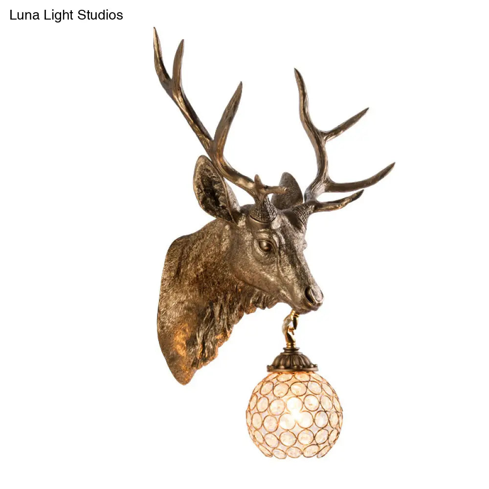 Gold Resin Elk Head Wall Mounted Sconce Lamp With Crystal Shade
