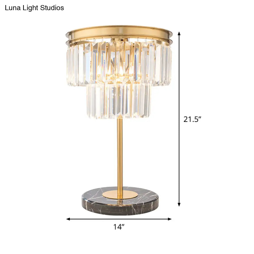 Gold Study Lamp With Clear Crystal Cylinder Design 3-Bulb Modern Reading Light On Marble Base