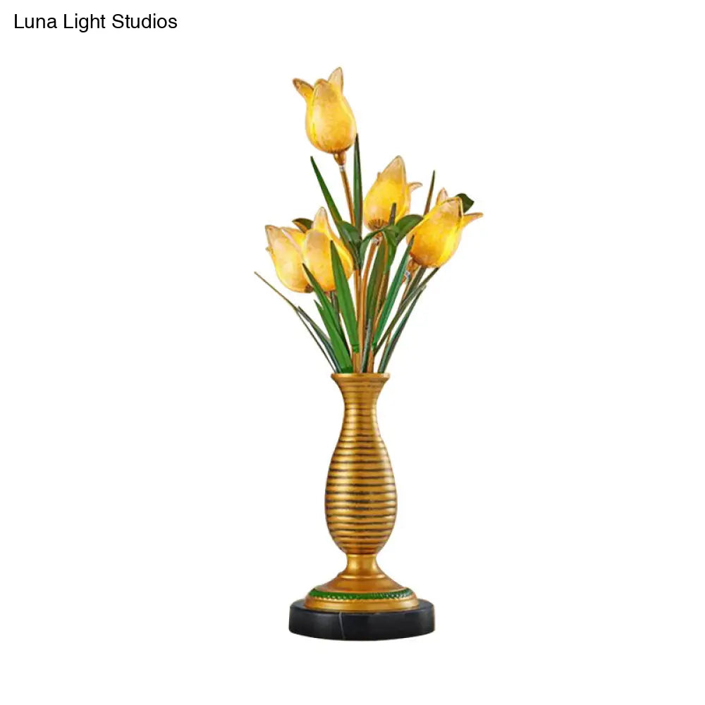 Gold Tulip Led Table Lamp - American Garden Metal With 5 Lights Living Room Nightstand Light