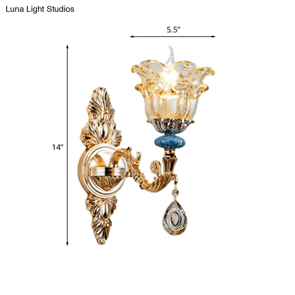 Golden Floral Crystal Wall Lamp Kit - 2-Layer 1/2-Bulb Option For Bedside Mounting