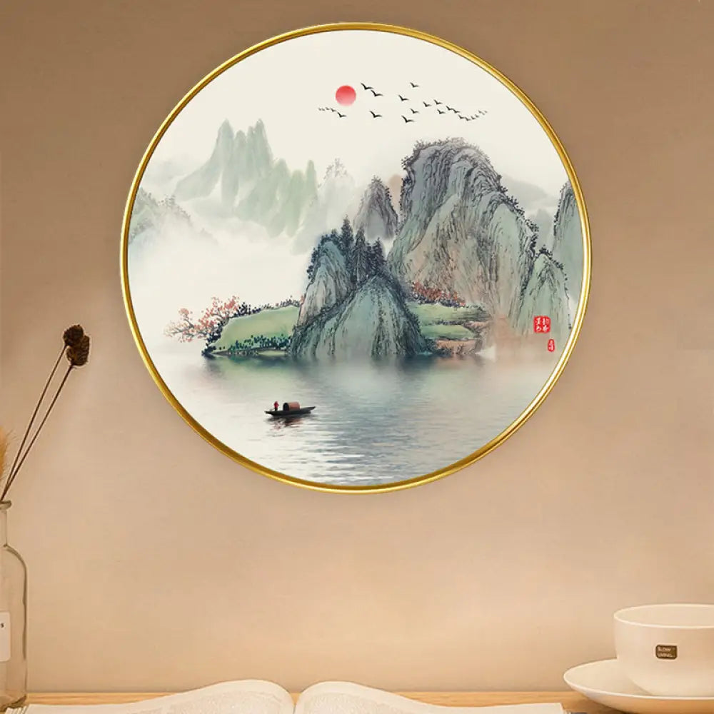 Golden Lake And Mountain Led Wall Lamp: Asian Acrylic Mount Light Gold