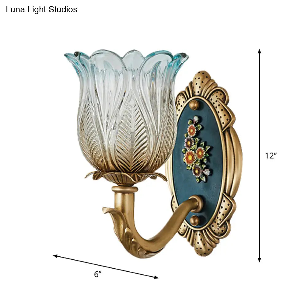 Golden Retro Flower Wall Sconce Fixture With Carved Glass - 1/2 Light Semi-Open Design