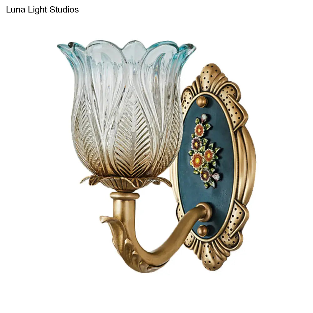 Golden Retro Flower Wall Sconce Fixture With Carved Glass - 1/2 Light Semi-Open Design