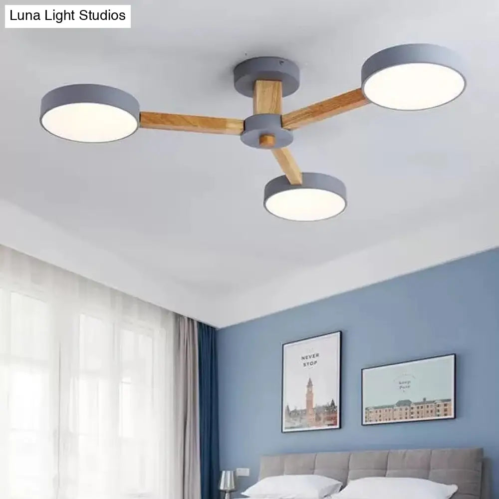 Gray Wood Macaron Loft Led Circle Chandelier: Stylish Living Room Hanging Light
