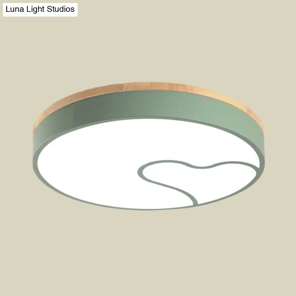 Green/White/Grey Macaron Ceiling Led Light With Wave Pattern And Wood Accent
