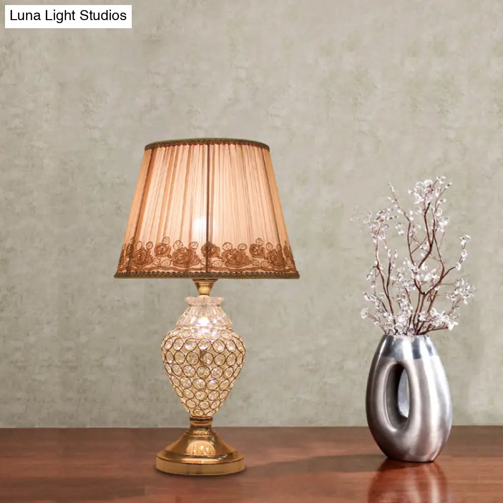 Greta - Rural 1 Head Rose-Trim Conical Table Light Rural Gold Pleated Fabric Night Lamp with Pot Crystal Base Gold