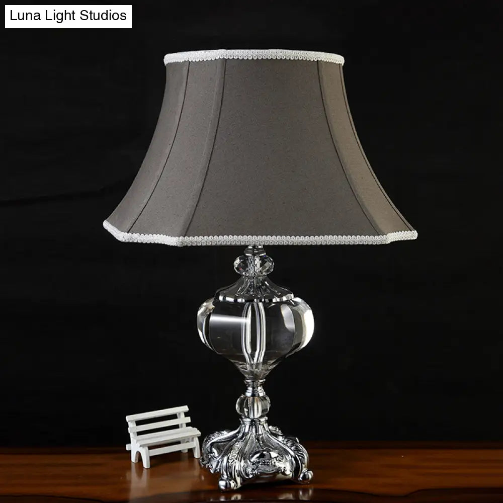Grey Fabric Nightstand Lamp - Elegant Flared Shade And Crystal Base