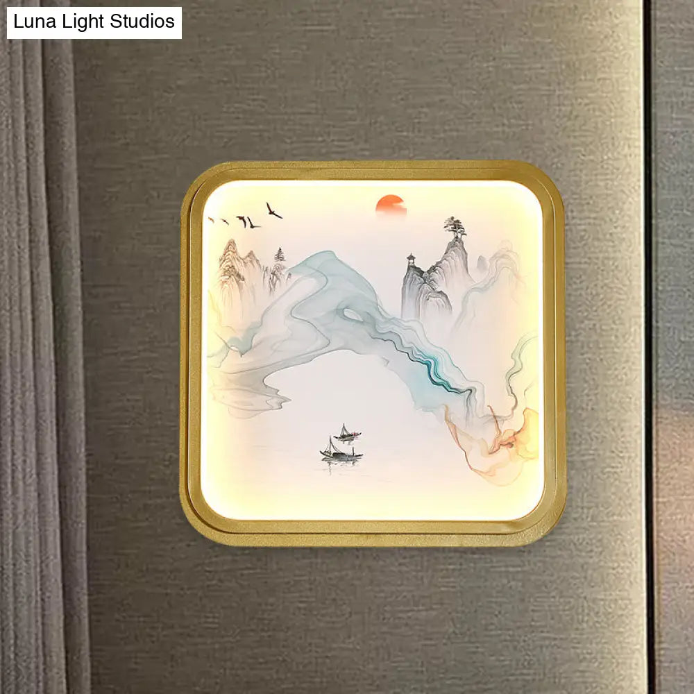 Hand-Painted Floral Mural Led Wall Sconce With Chinese Fabric Gold Frame - Perfect For Living Rooms