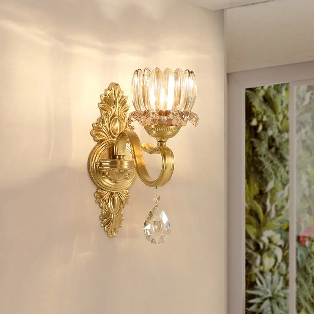 Handblown Glass Gold Floral Corridor Wall Mount Light With Crystal Accent - Minimalistic Lighting /