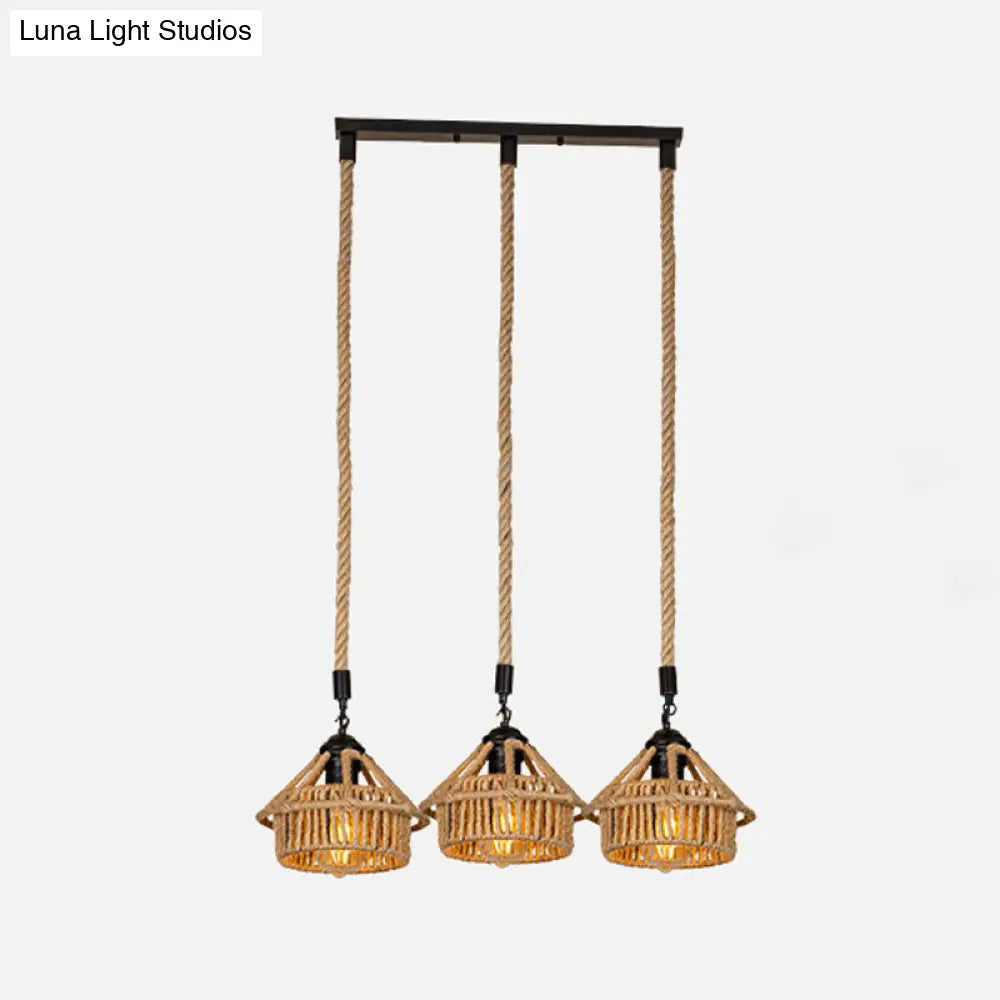 Handcrafted Cottage Brown Multi-Pendant Light Fixture With Rope Detail - Round/Linear Canopy (3/6