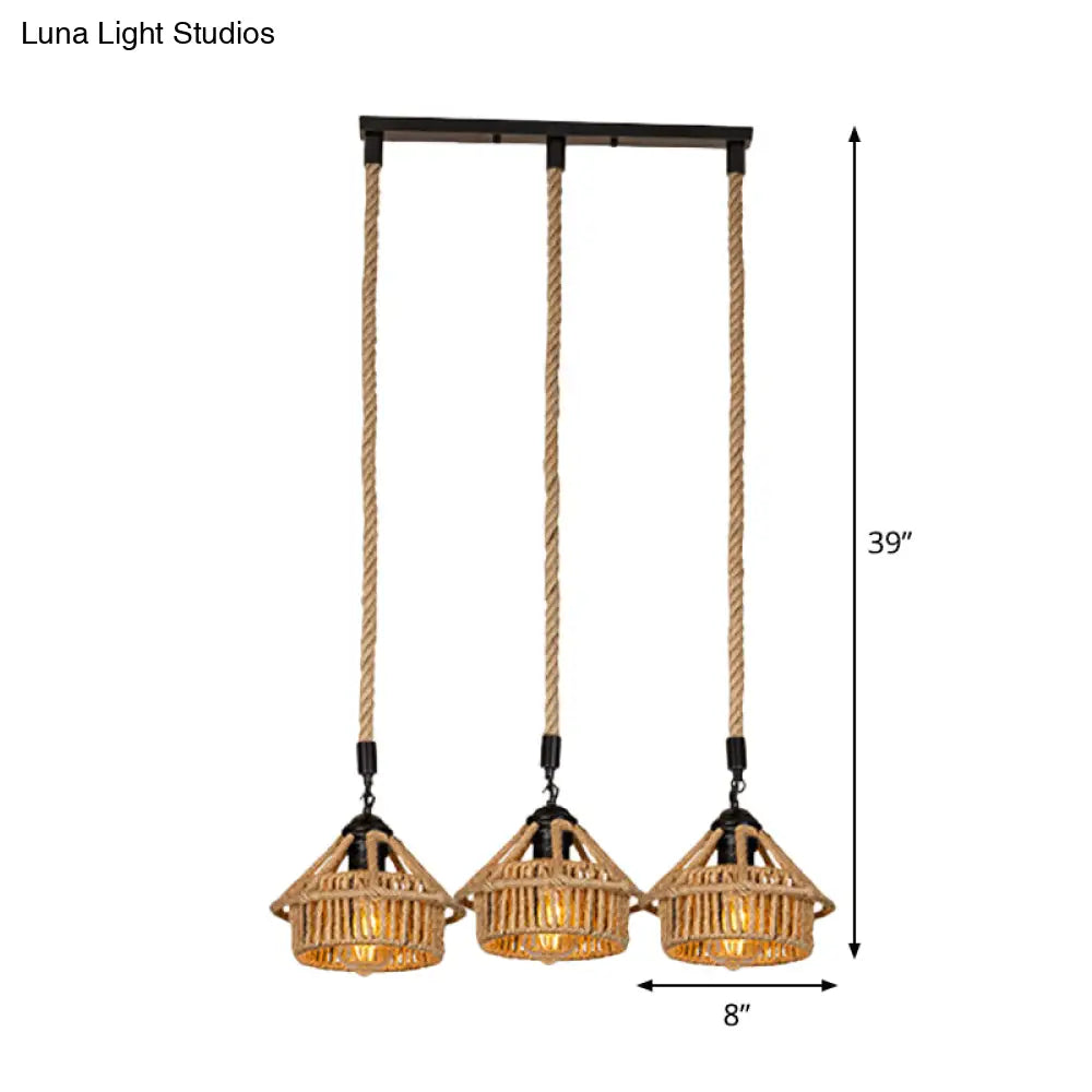 Handcrafted Cottage Brown Multi-Pendant Light Fixture With Rope Detail - Round/Linear Canopy (3/6