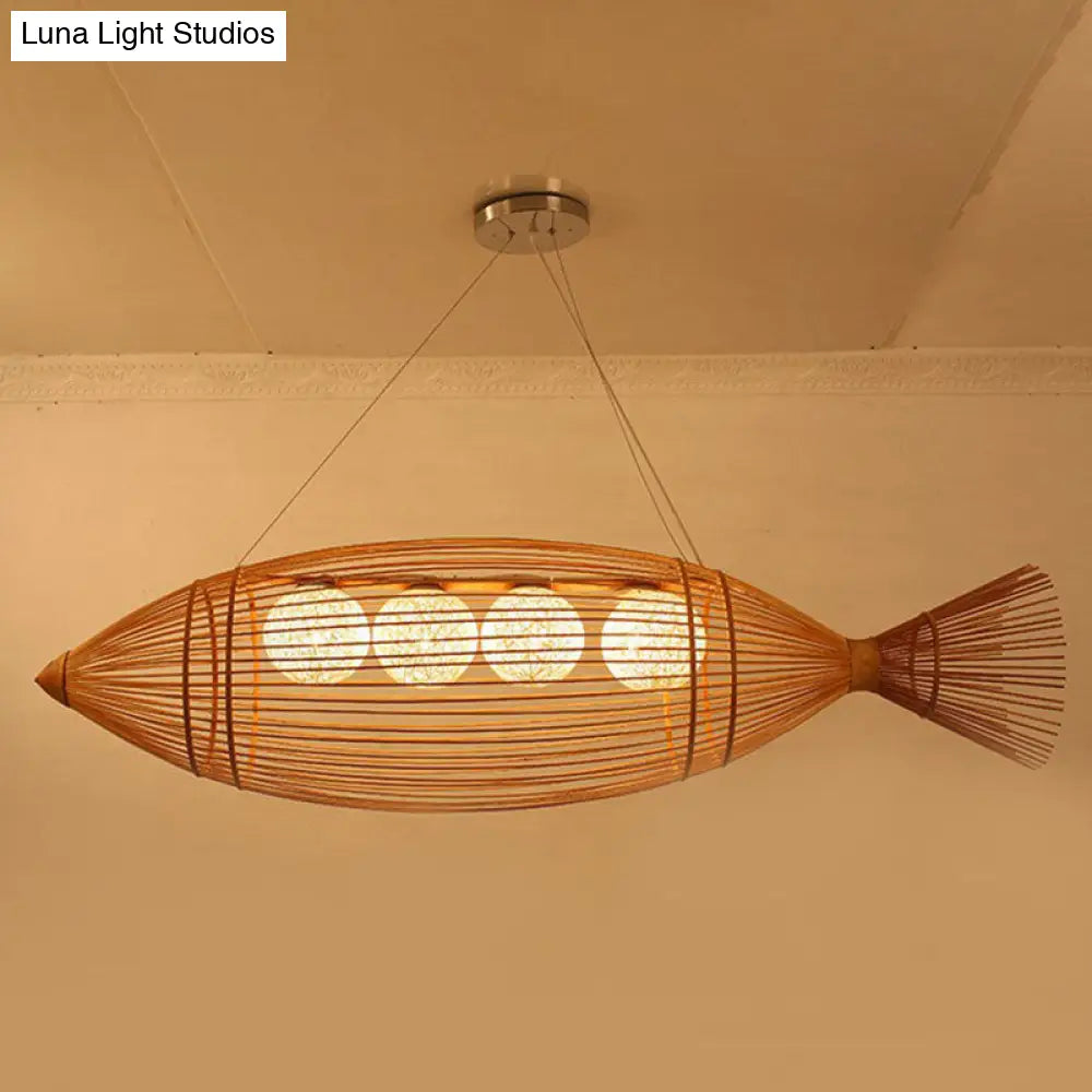 Handwoven Asian Fish Bamboo Suspension Light - Rustic Wood Restaurant Chandelier