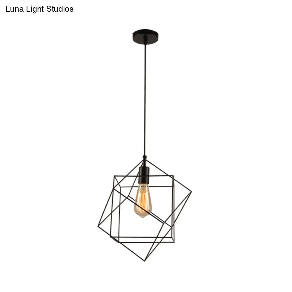 Hanging Industrial Black Metal Pendant Light - 1 Structural Cubic Design For Dining Room