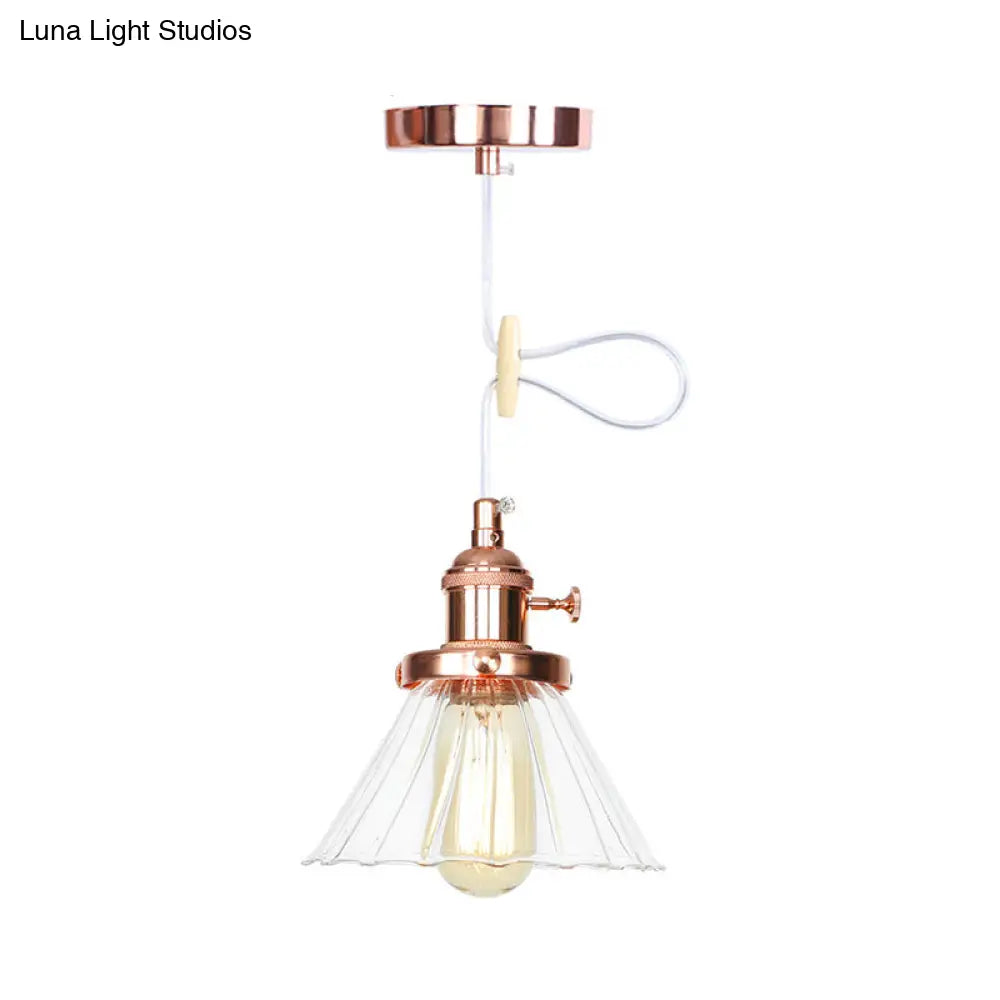Height-Adjustable 1-Light Industrial Conic Pendant Lamp With Amber/Clear Glass For Coffee Shops -