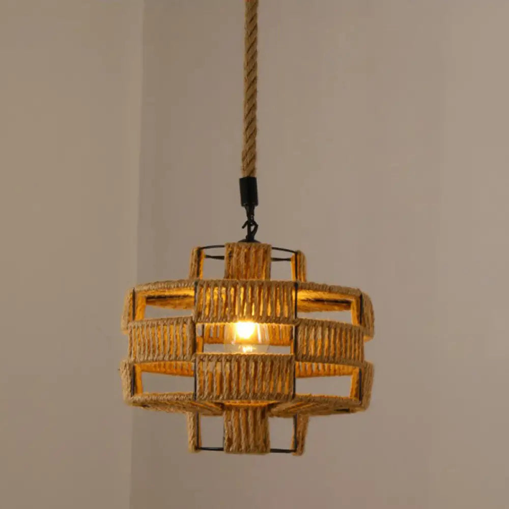 Hemp Rope Caged Pendant Light - Vintage Single-Bulb Hanging Fixture For Restaurants In Brown / M
