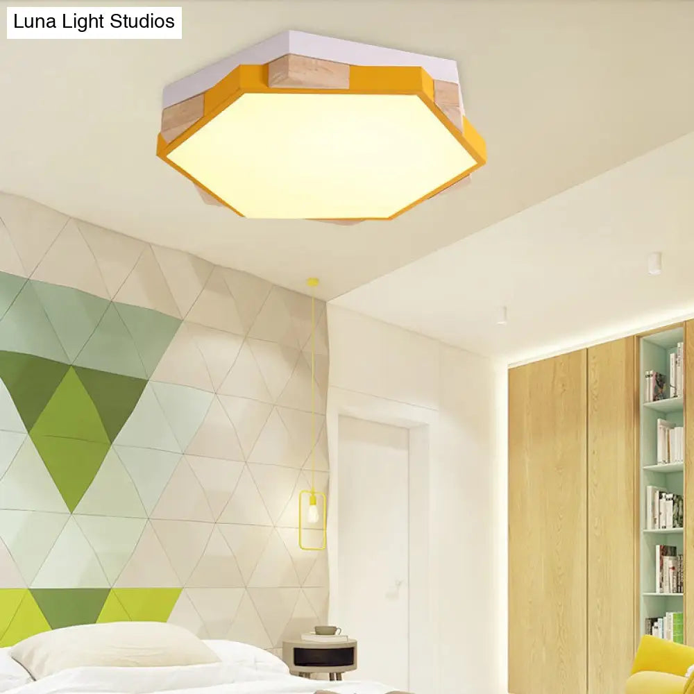 Hexagon Led Flushmount Ceiling Lamp In Pink/Yellow/Blue With Metal Shade Warm/White Light