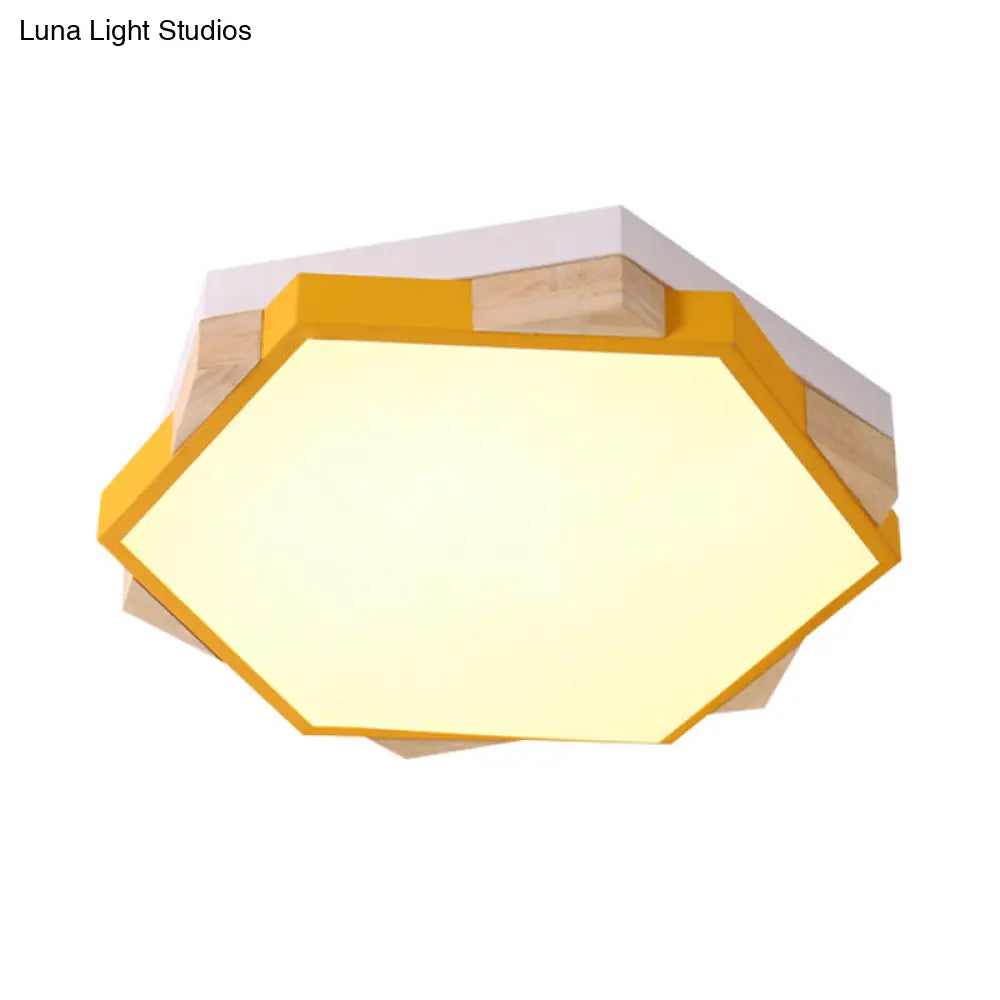 Hexagon Led Flushmount Ceiling Lamp In Pink/Yellow/Blue With Metal Shade Warm/White Light
