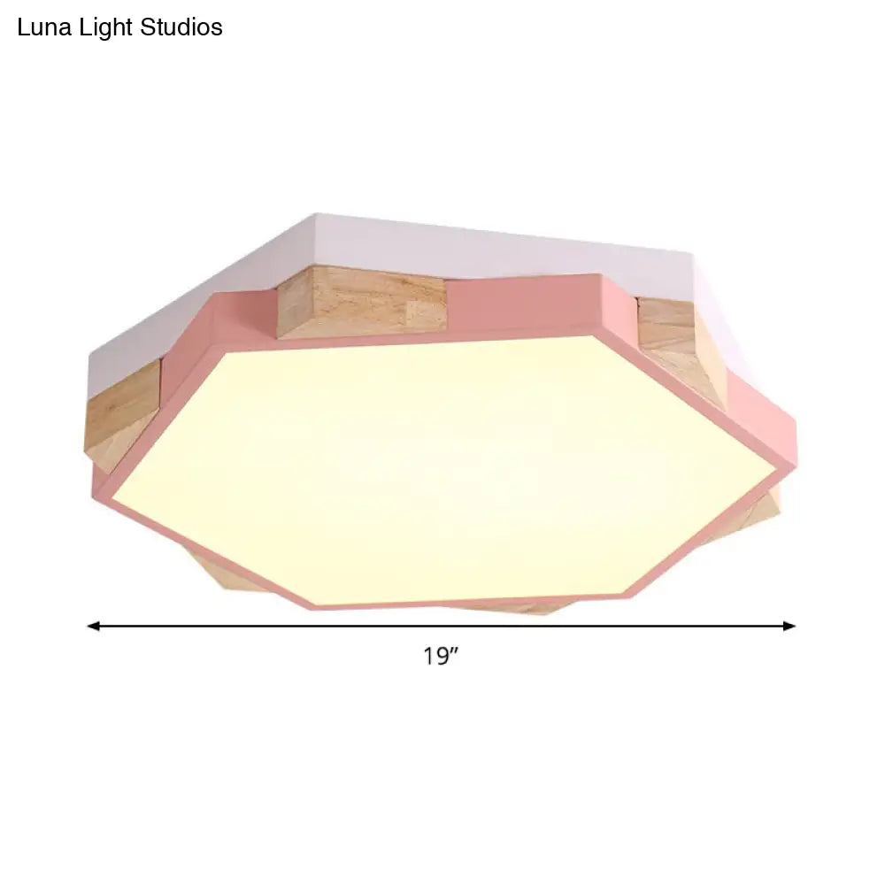 Hexagon Led Flushmount Ceiling Lamp In Pink/Yellow/Blue With Metal Shade Warm/White Light