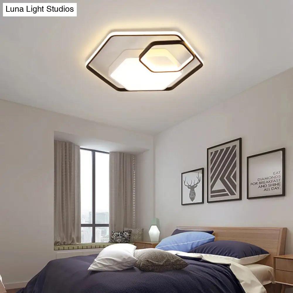 Hexagonal Ceiling Lamp - Modern Style Metallic Led 21’/27’ W Black And White/White Flush Light