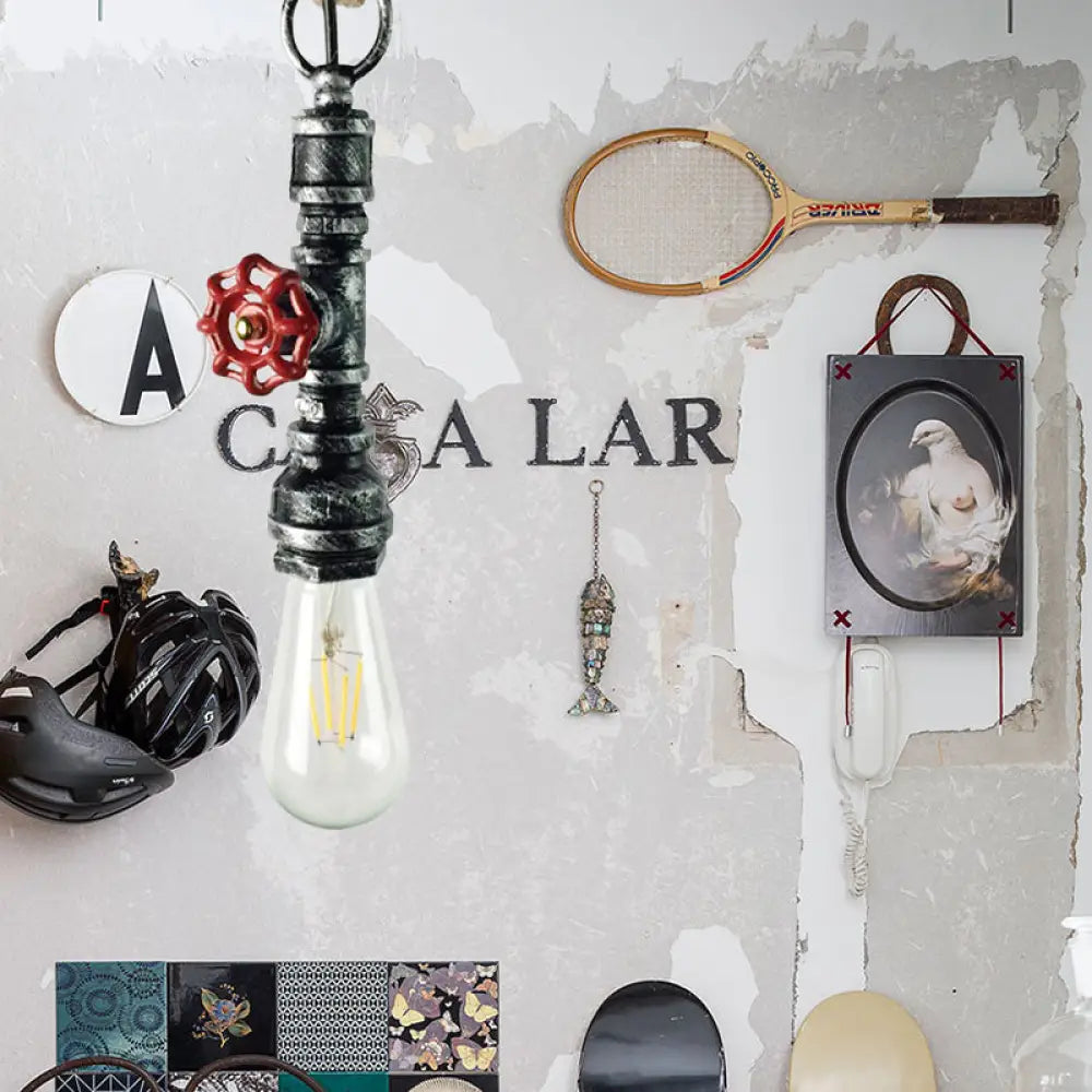 Industrial 1-Light Wrought Iron Pipe Pendant With Adjustable Rope - Aged Silver/Copper Silver