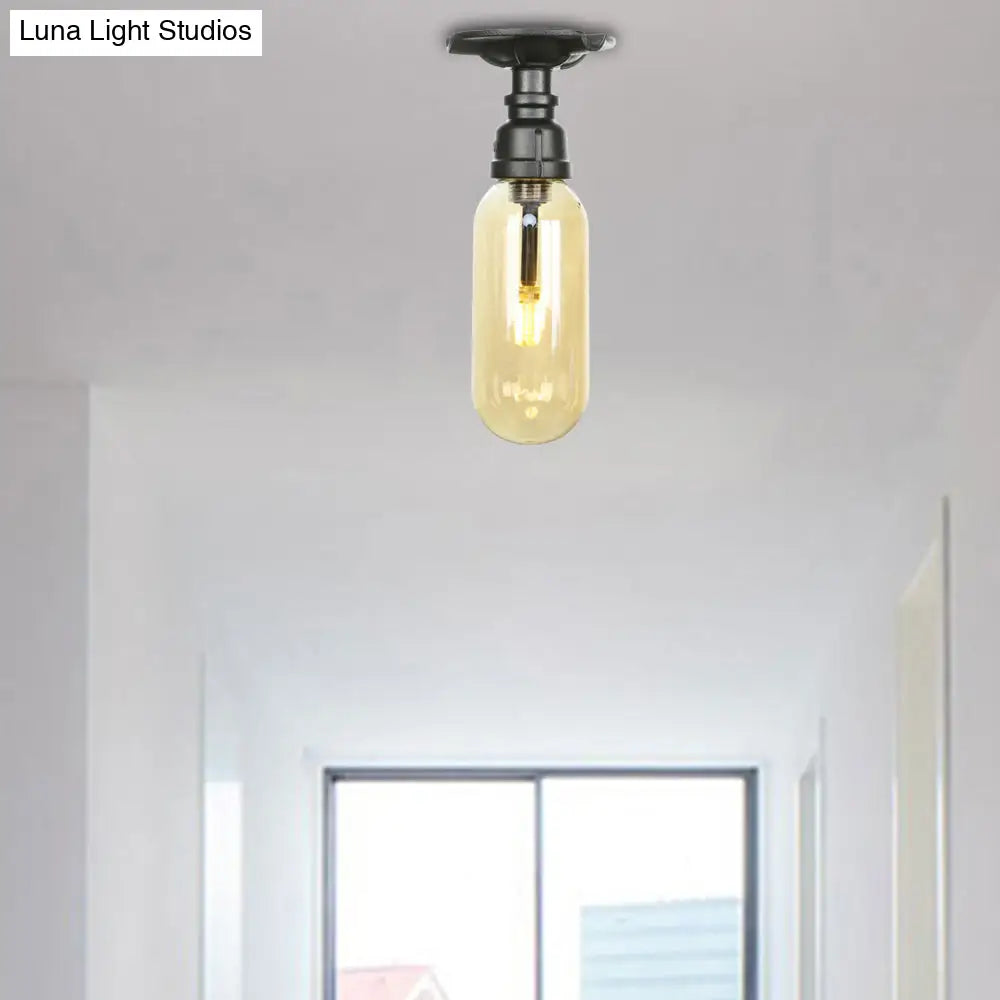Industrial Black Amber Glass Semi Flush Light With Capsuled Shade & Pipe Design - Ceiling Mount