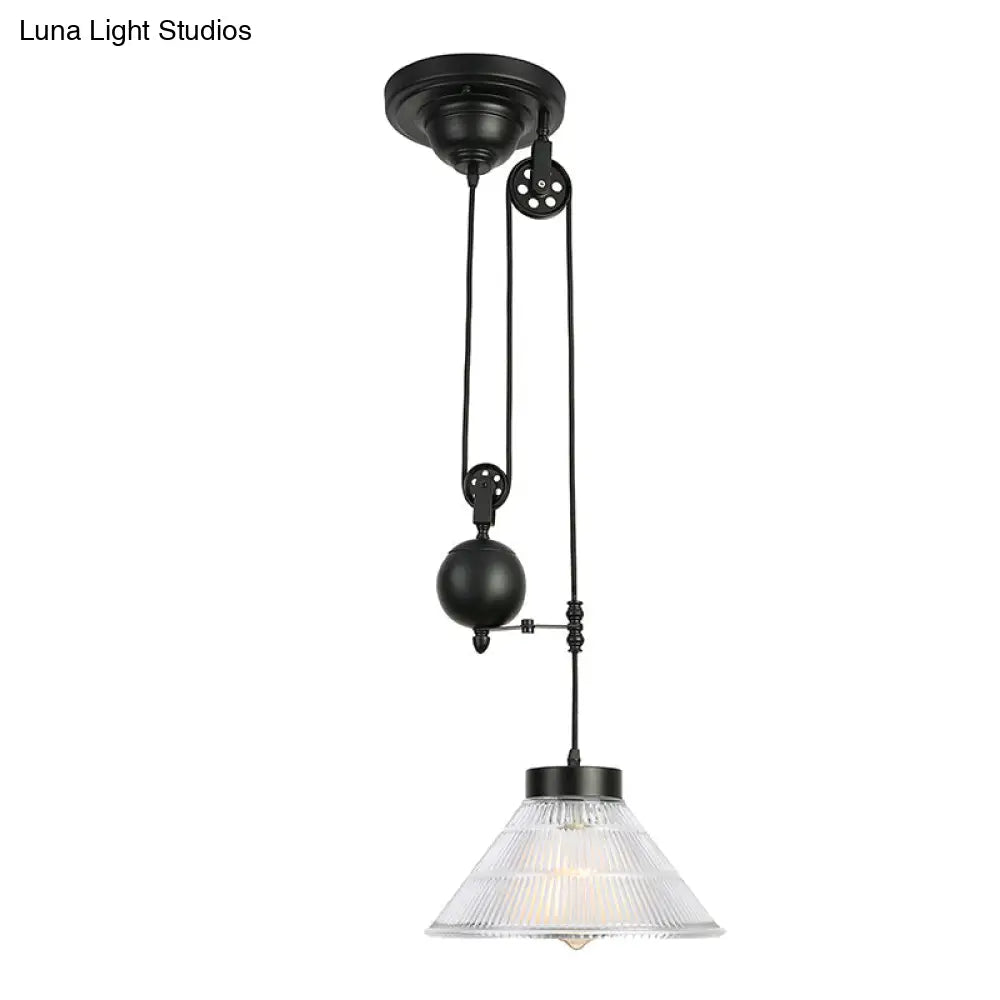 Industrial Black Cone Pendant Lighting With Prismatic Glass - Dining Room Ceiling Fixture
