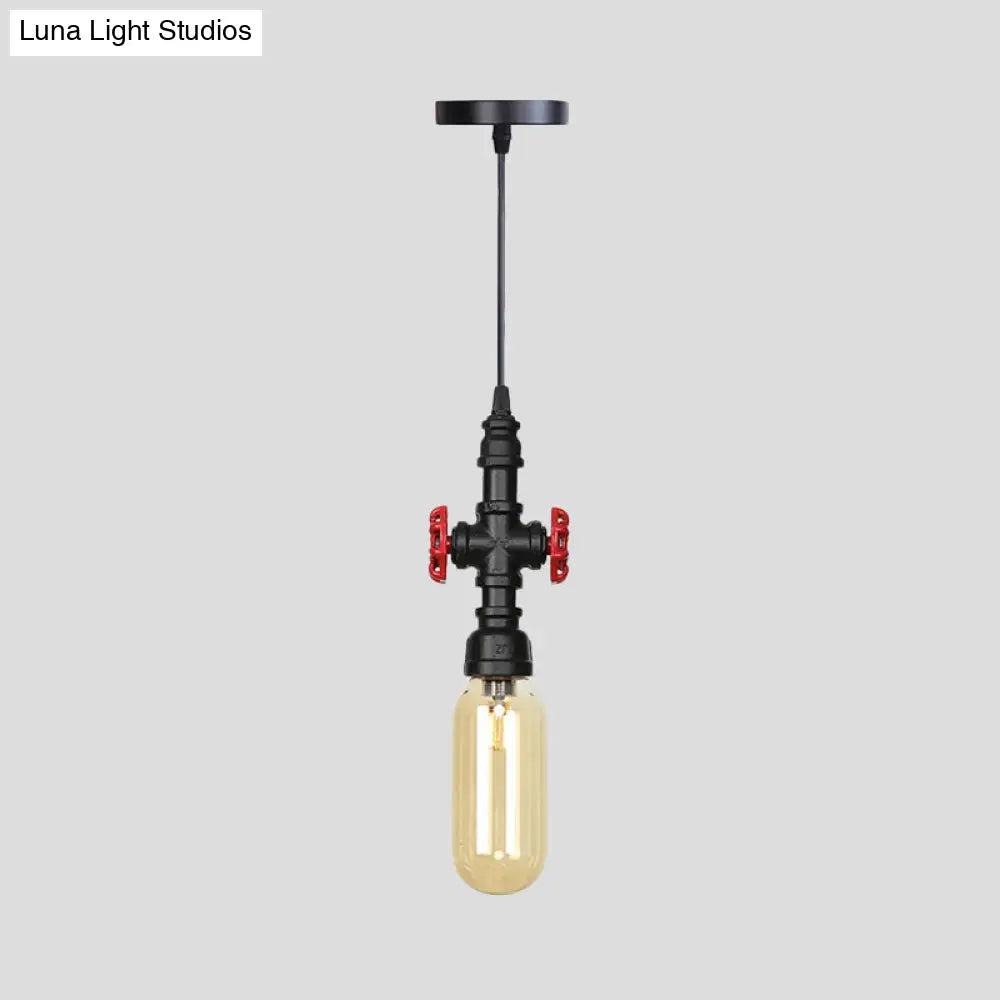 Industrial Black Finish Amber Glass Pendant Lamp With Pipe Suspension - 1-Light Ball/Capsule