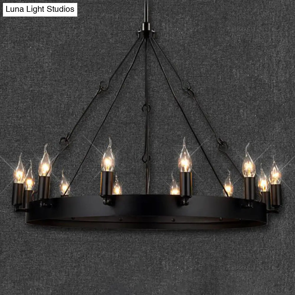 Industrial Black Iron Circle Chandelier With 12/18 Lights Bare Bulb Design - Hanging Lamp Kit