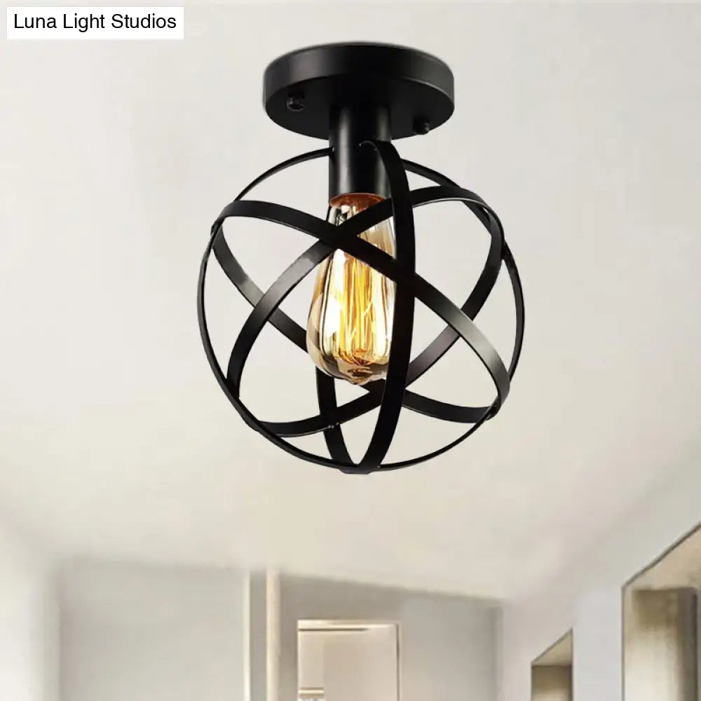 Industrial Black Metal Semi Flush Cage Shade Ceiling Lamp
