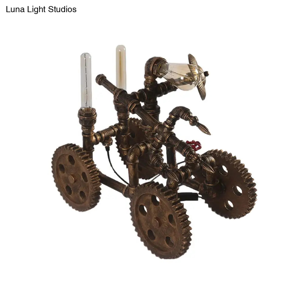 Industrial Brass Finish War Chariot Shaped Table Lamp - 3-Light Iron Nightstand Light With Plug-In
