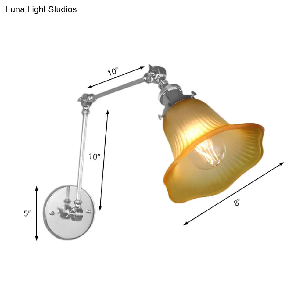 Industrial Chrome Amber Textured Glass Wall Lamp For Bedroom - 1 Light Flared Sconce Fixture
Note: