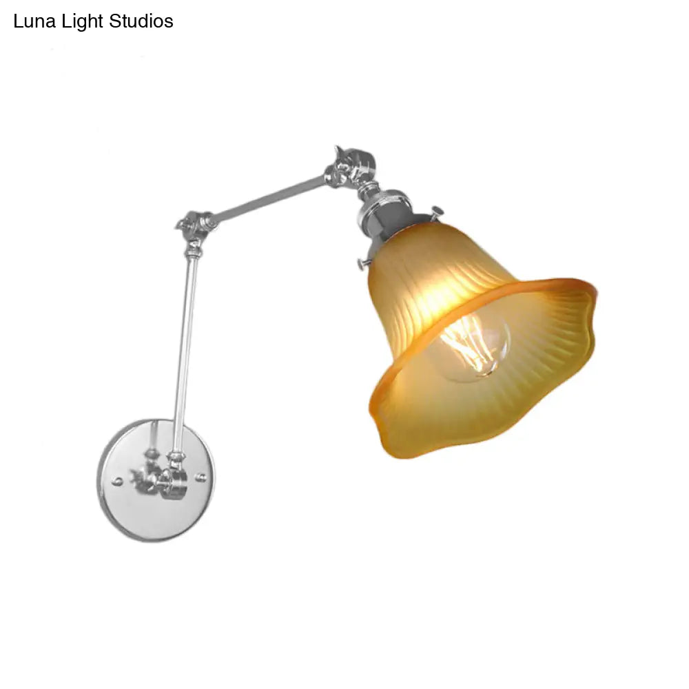Industrial Chrome Amber Textured Glass Wall Lamp For Bedroom - 1 Light Flared Sconce Fixture
Note: