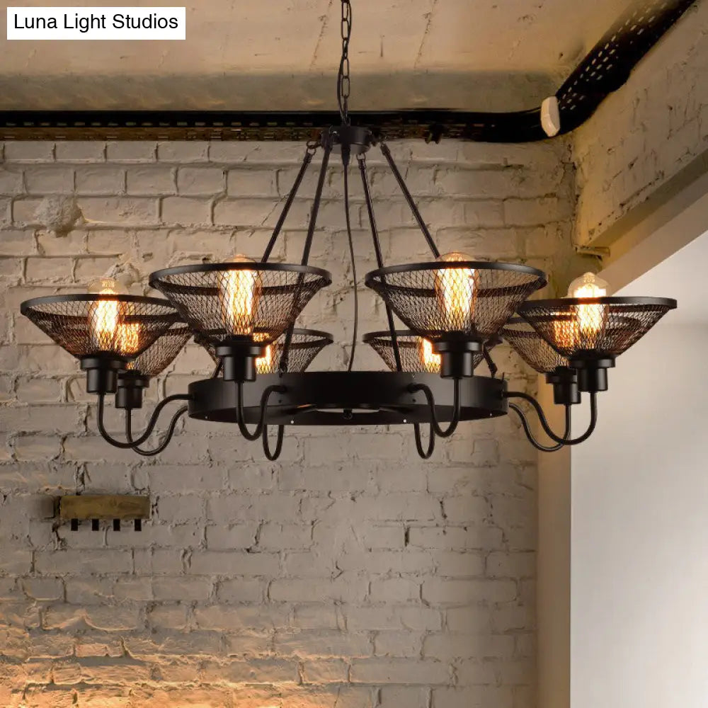 Industrial Conical Mesh Chandelier - Black Metallic Suspended Lighting For Restaurants