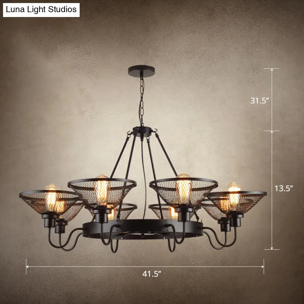 Industrial Conical Mesh Chandelier - Black Metallic Suspended Lighting For Restaurants