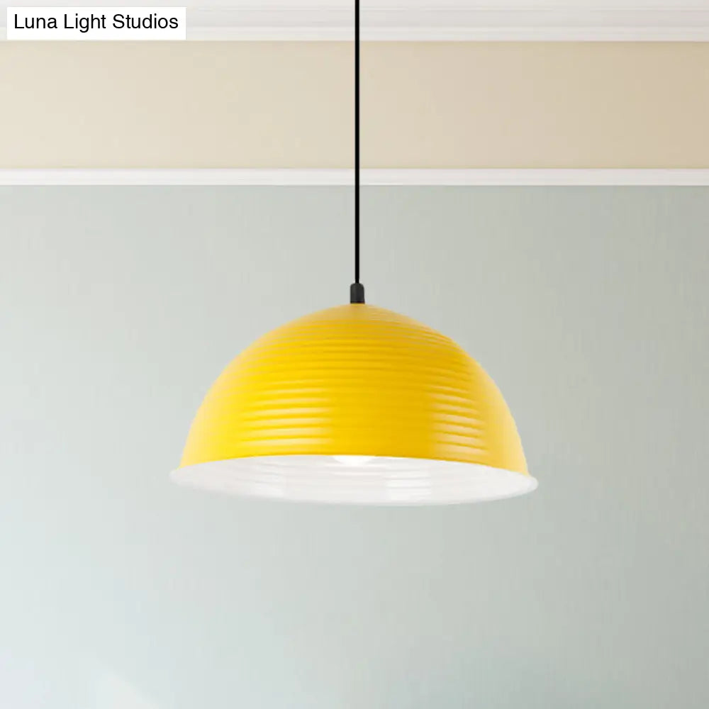 Industrial Grey/Yellow Hanging Lamp With Ribbed Dome Shade - 1 Light 12’/16’ Wide Metal Indoor