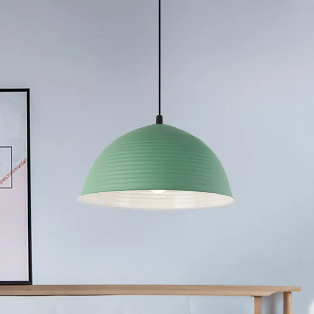 Industrial Grey/Yellow Hanging Lamp With Ribbed Dome Shade - 1 Light 12’/16’ Wide Metal Indoor