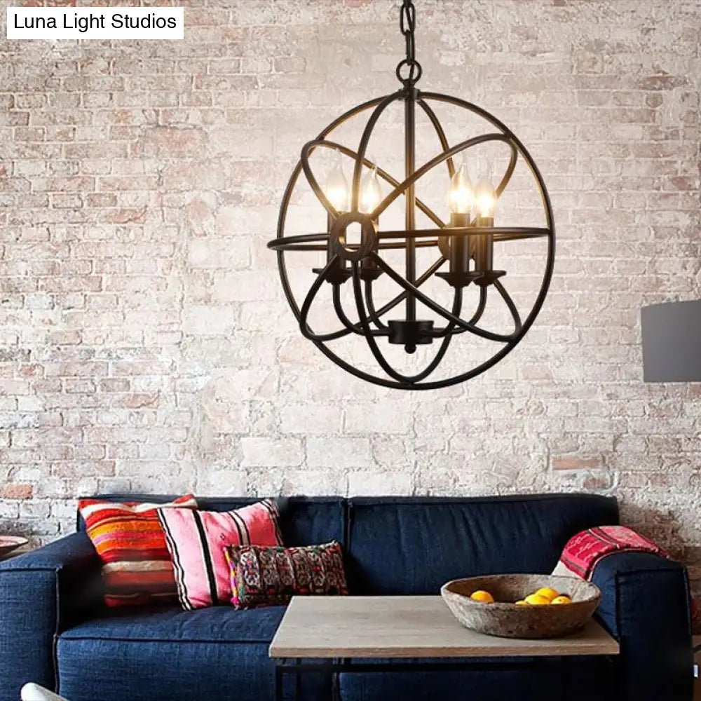 Industrial Metal Caged Pendant Chandelier With Interlinked Rings - 4 Lights For Living Room