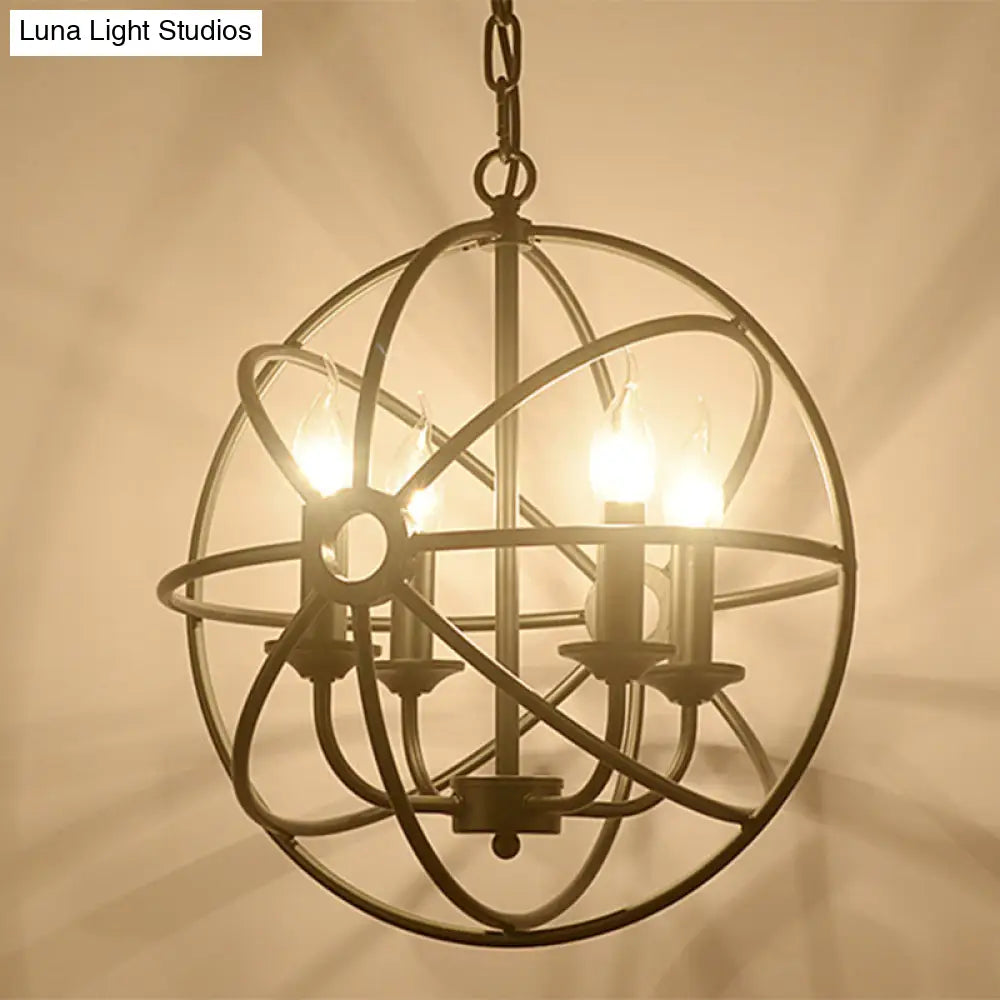 Industrial Metal Caged Pendant Chandelier With Interlinked Rings - 4 Lights For Living Room