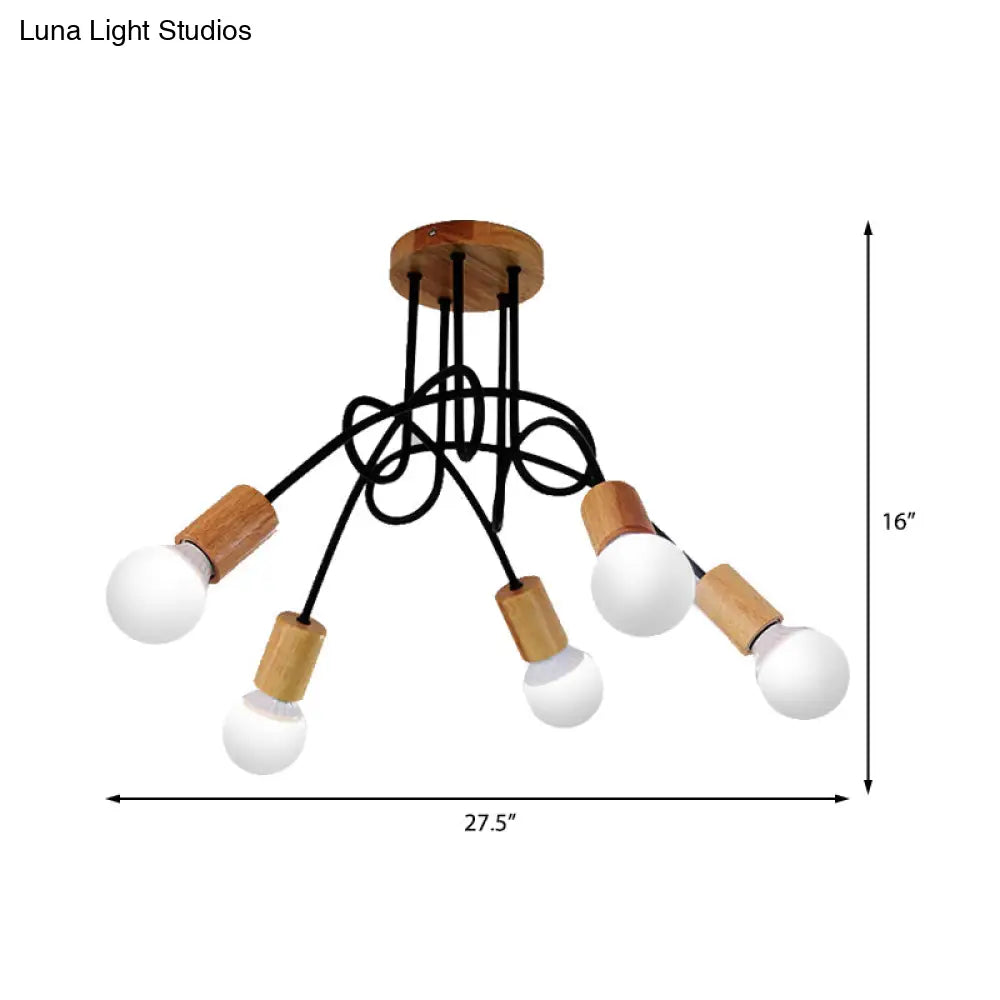 Industrial Metal Ceiling Flush Mount With Bulb 3/5 Lights Wooden Cap