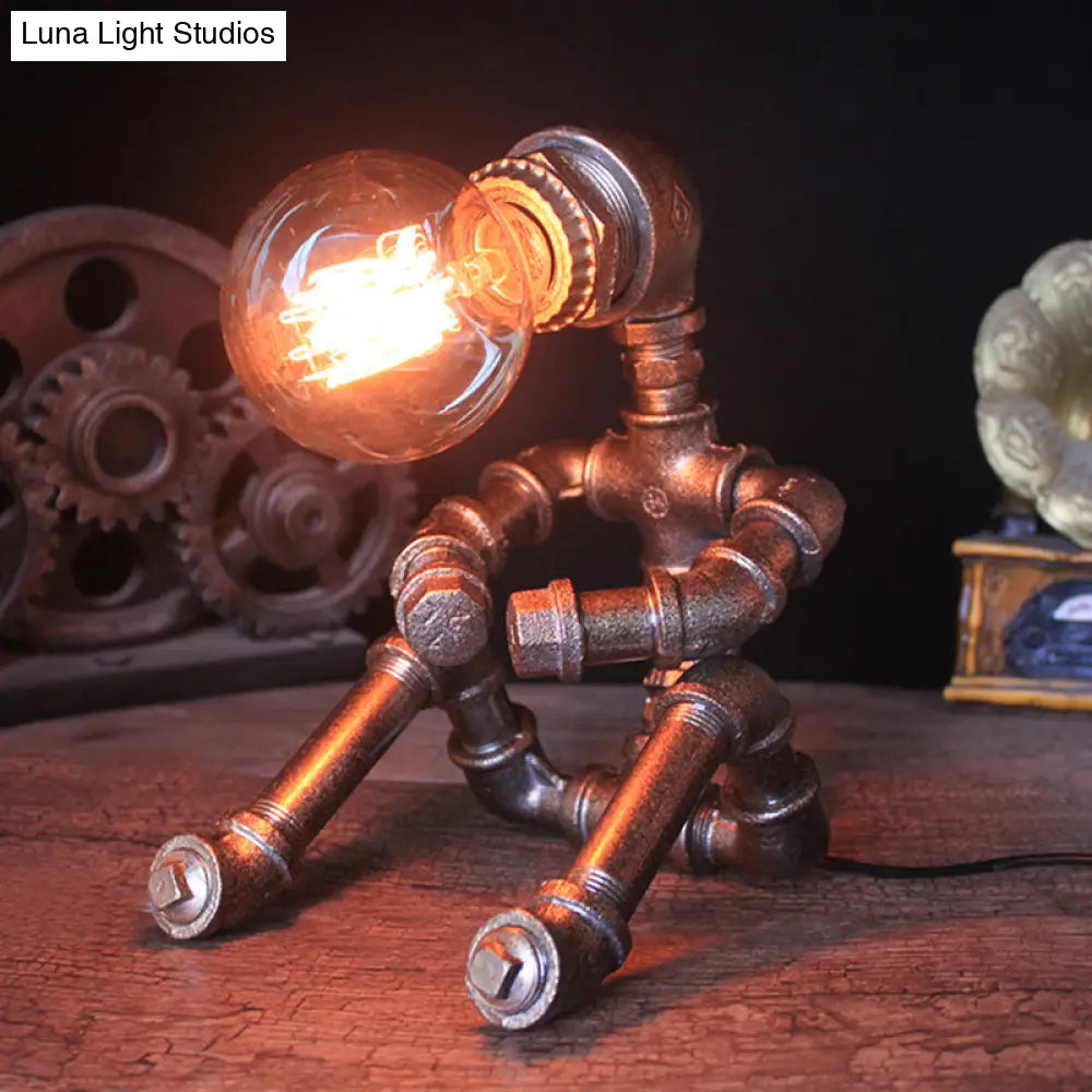 Industrial Nightstand Light: Metallic Silver Table Lighting Robot Pipe With Exposed Bulb Design