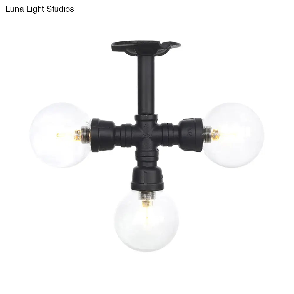 Industrial Orb Semi - Flush Clear Glass Led Lights In Black