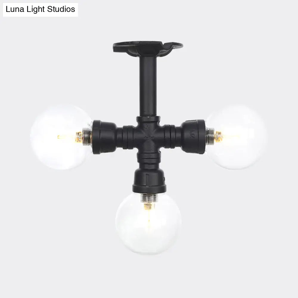 Industrial Orb Semi - Flush Clear Glass Led Lights In Black