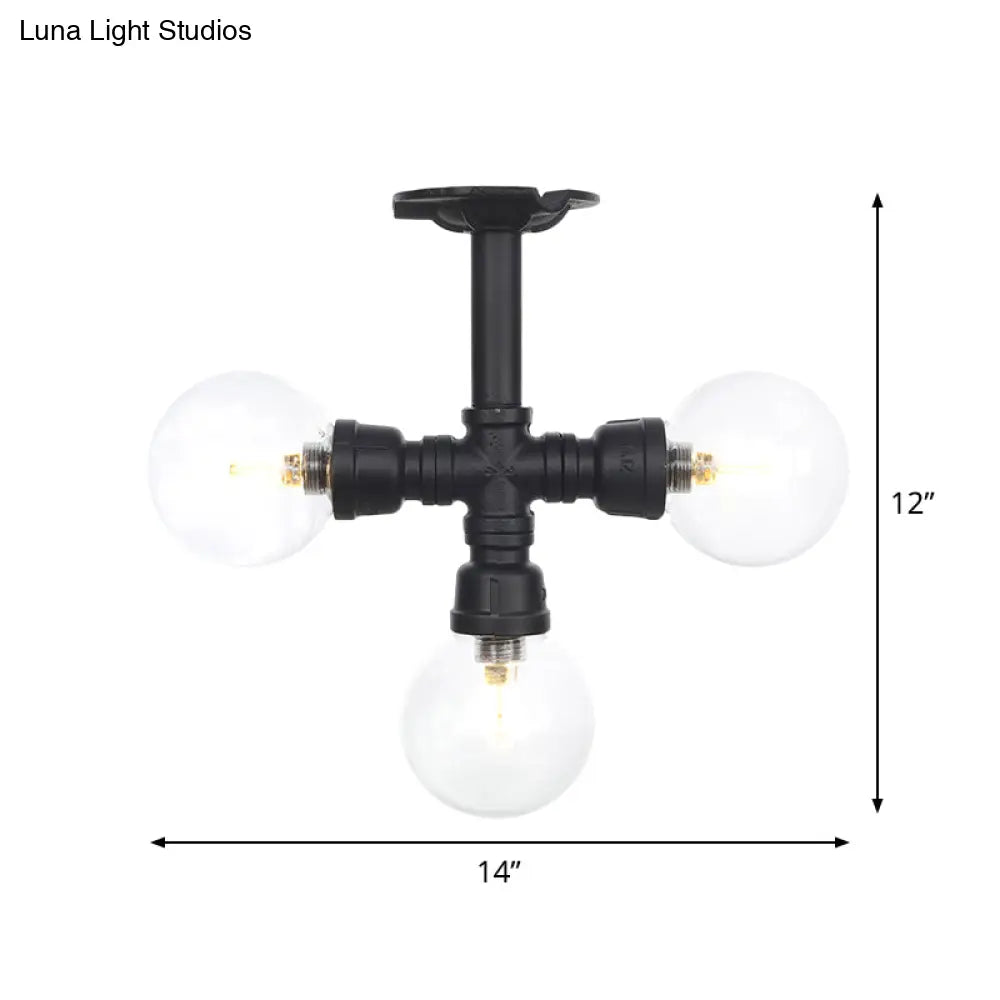 Industrial Orb Semi - Flush Clear Glass Led Lights In Black